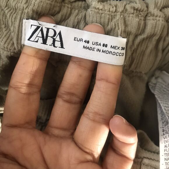 Zara Pale Olive Green Cotton Corduroy Mid Rise Barrel Leg Fall Winter Pants 8 - Picture 9 of 9